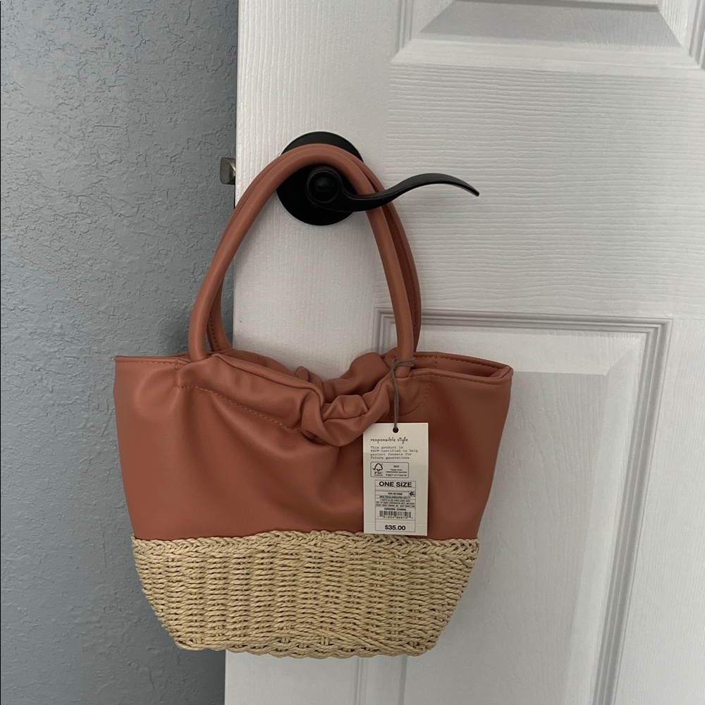 A New Day Coral and Woven Tan Tote